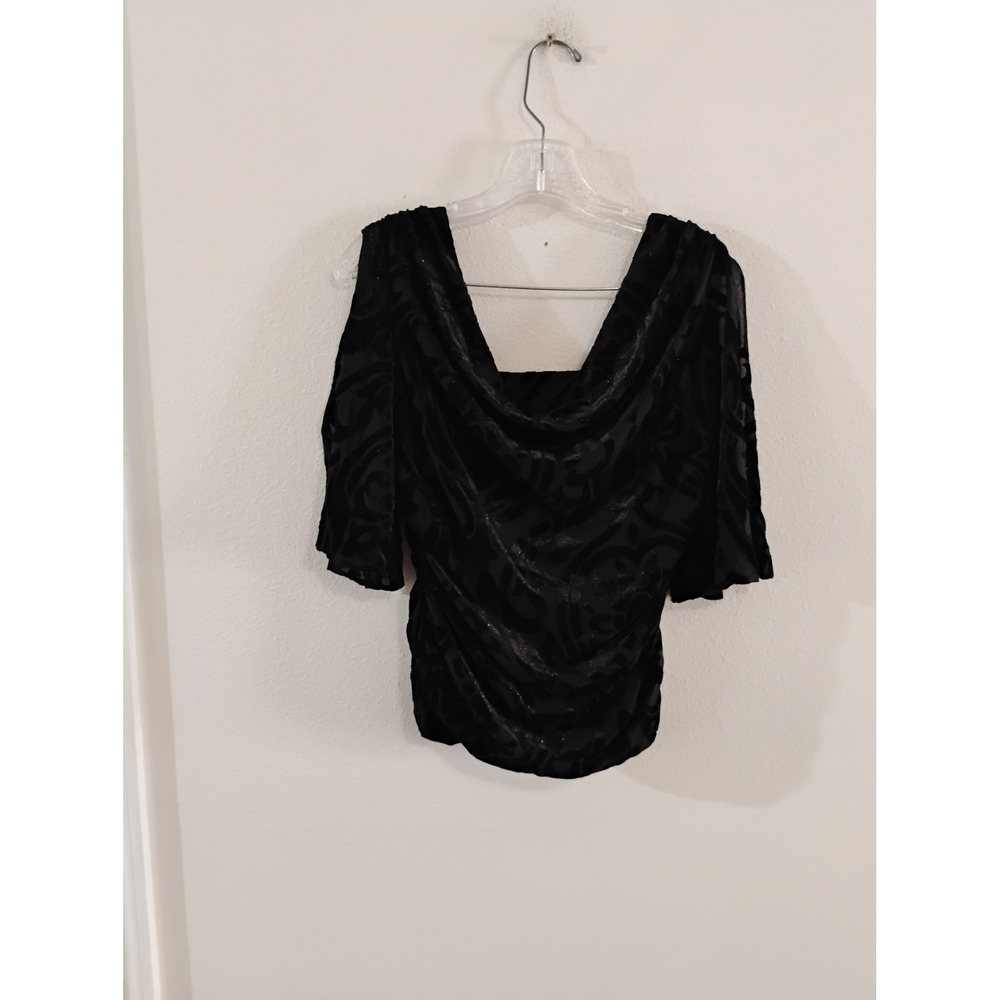 R&M Richards Black Burnout Velvet Glitter Cowl Neck Blouse Flutter Sleeve L